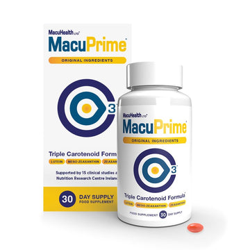 MacuPrime supplement bottle and packaging on a white background