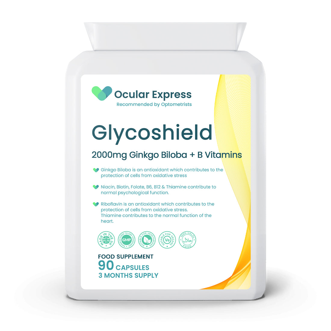 A bottle of GlycoShield, a diabetic retinopathy supplement with 90 capsules, combining Ginkgo Biloba and B Vitamins, marked as suitable for vegetarians and vegans.