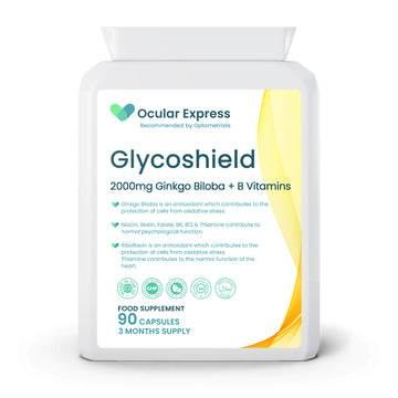 A bottle of GlycoShield, a diabetic retinopathy supplement with 90 capsules, combining Ginkgo Biloba and B Vitamins, marked as suitable for vegetarians and vegans.