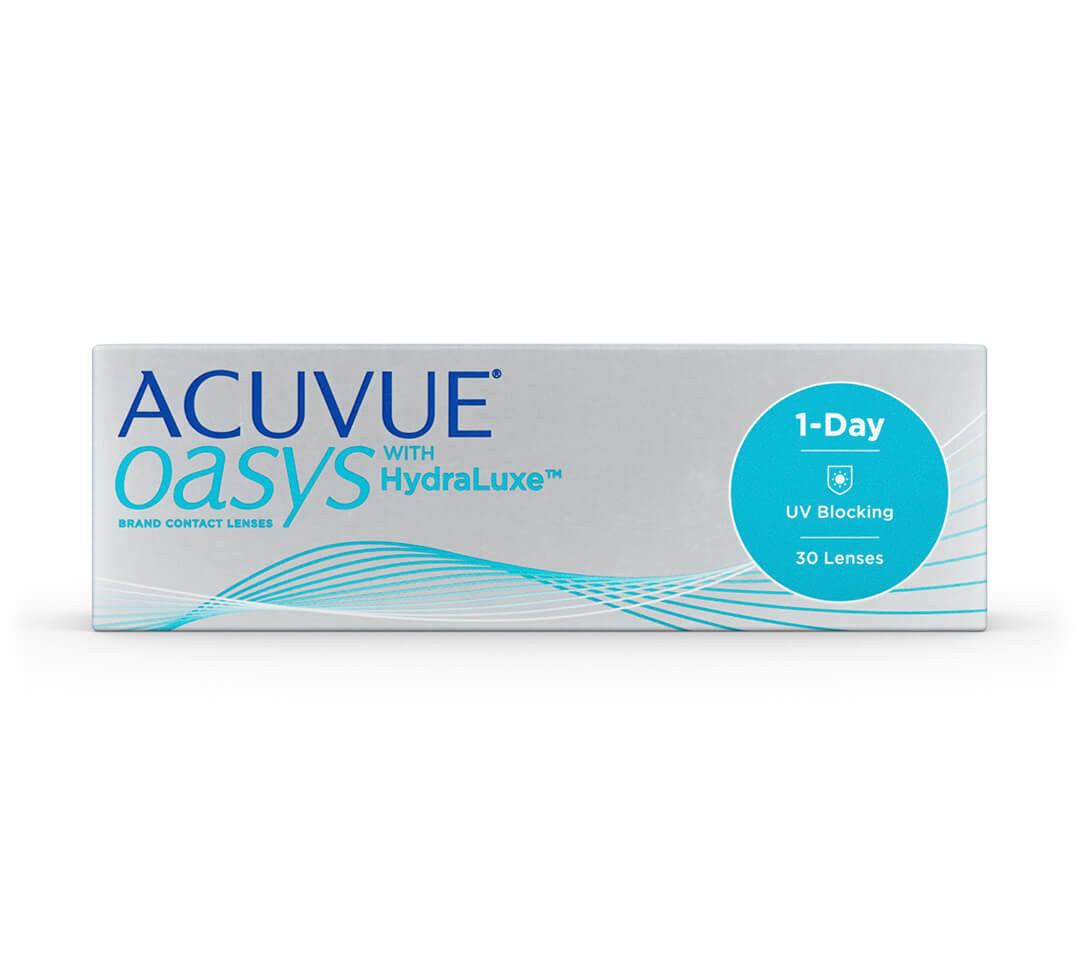 Acuvue Oasys 1-Day HydraLuxe contact lenses box.