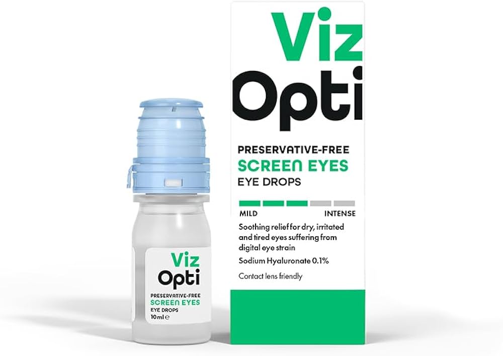 Viz Opti preservative-free screen eyes eye drops bottle and packaging on a white background