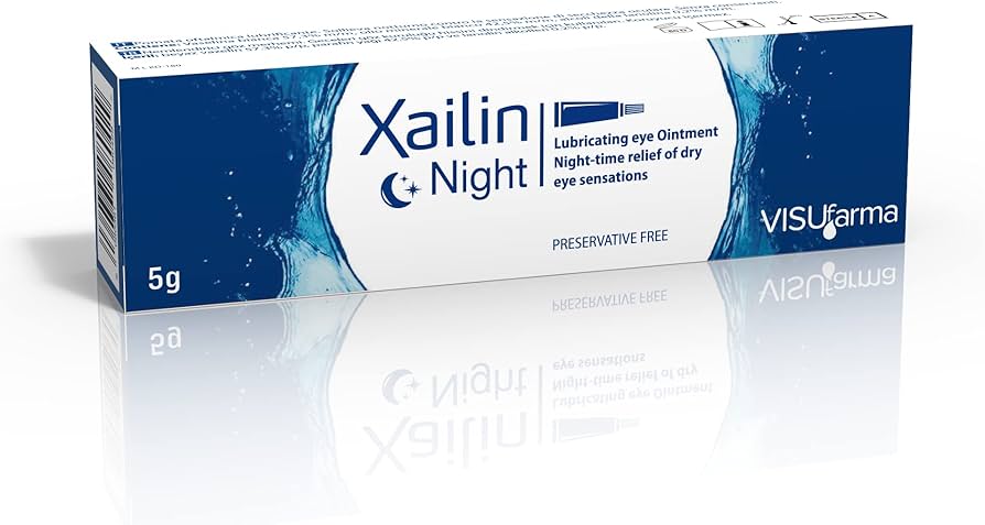 Xailin Night Lubricating Eye Ointment 5g tube  
Xailin Night overnight dry eye ointment packaging  
Xailin Night preservative-free eye ointment close-up  

