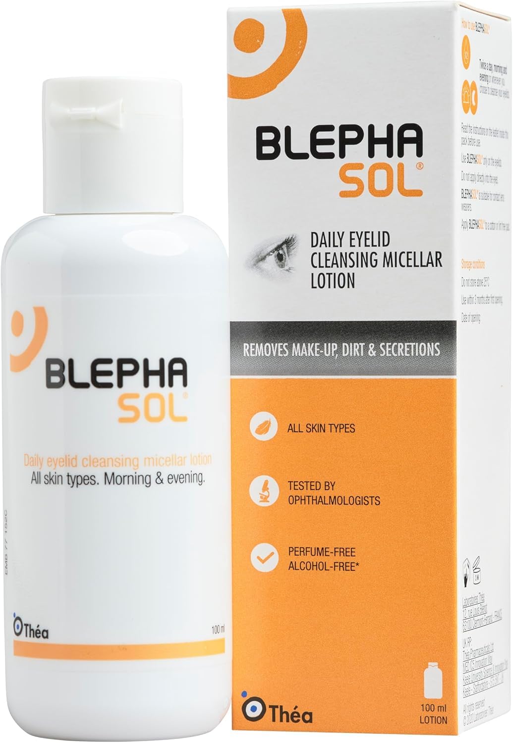 Blepha Sol eyelid cleansing micellar lotion bottle and packaging on a white background