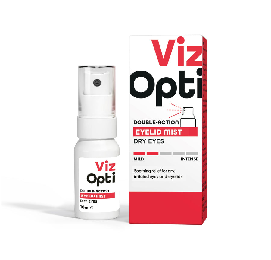 Viz Opti eyelid mist bottle and packaging on a white background