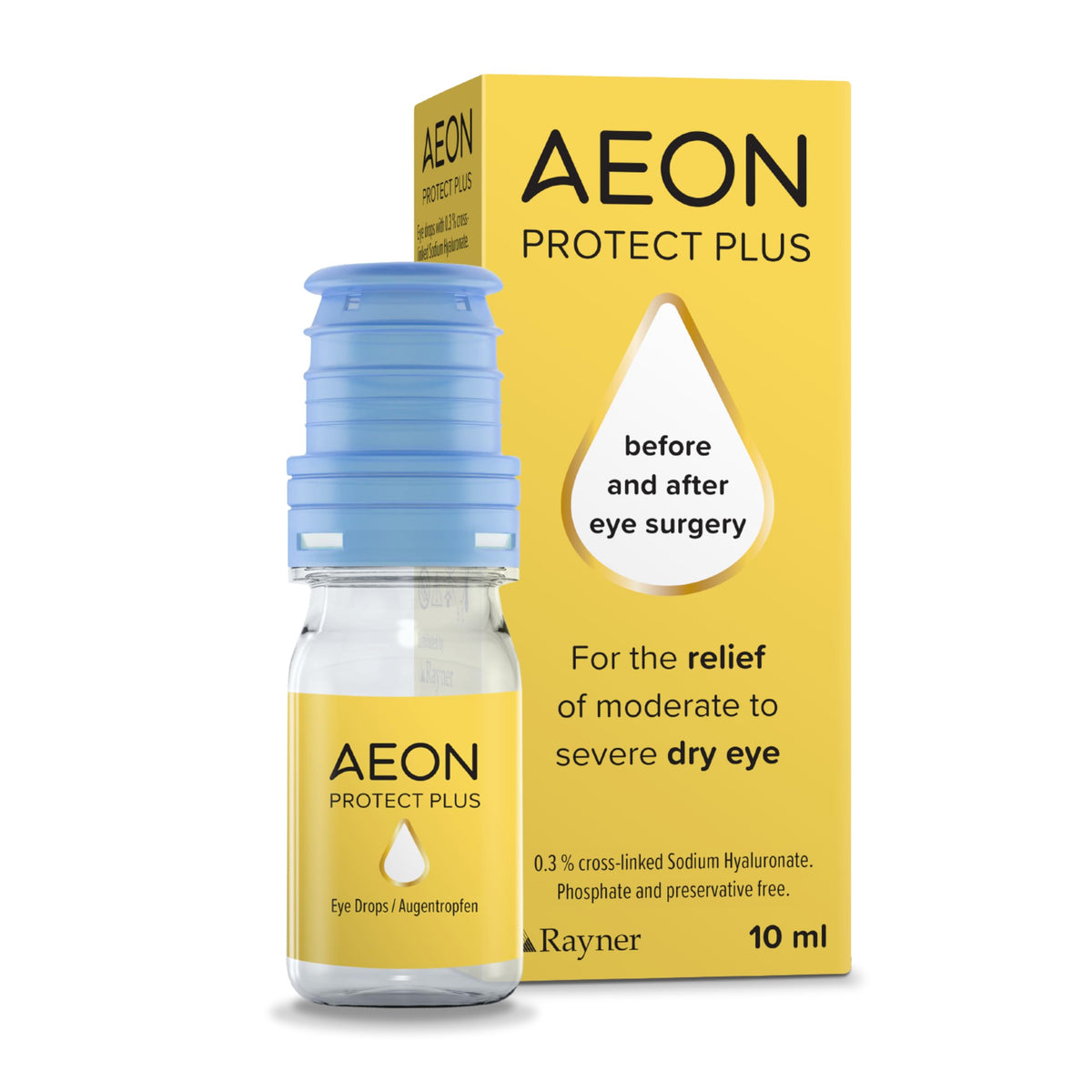 Aeon Protect Plus eye drop bottle and packaging on a white background