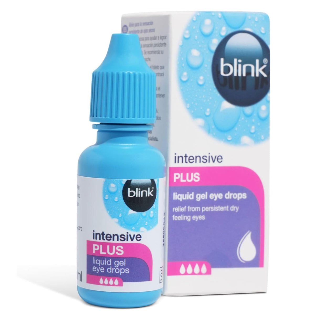 Bottle of Blink Intensive Plus eye drops with packaging on a white background
