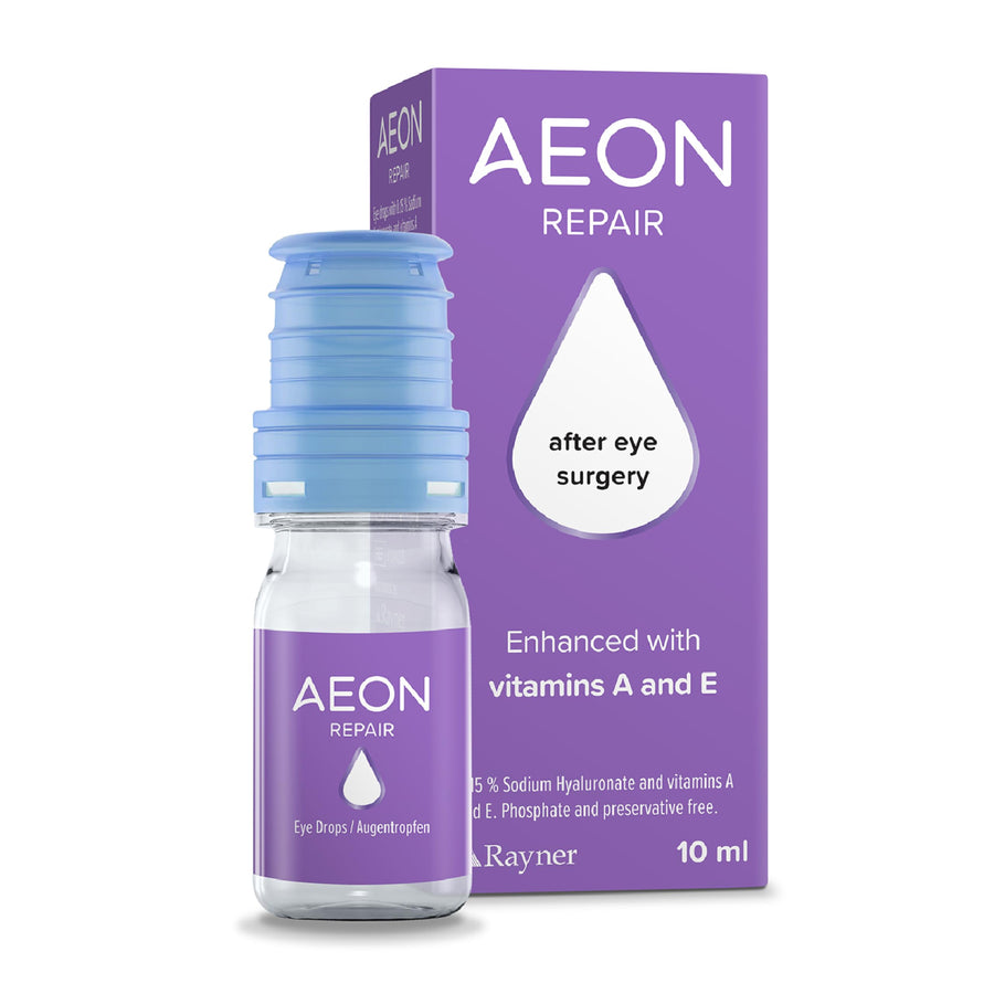 Aeon repair eye drop bottle and packaging on a white background