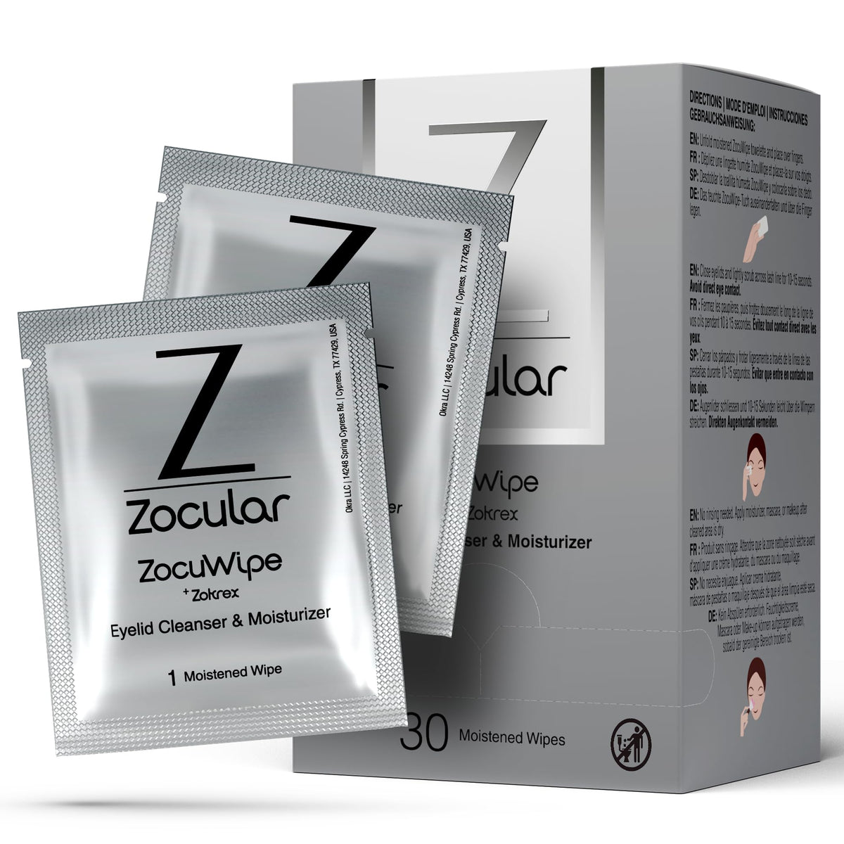 Zocular ZocuWipe eyelid cleanser and moisturizer packaging with multiple wipes displayed.