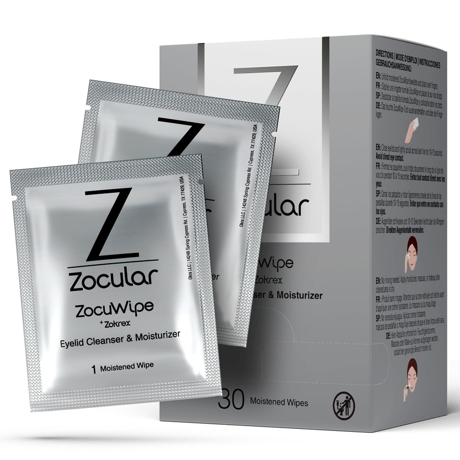 Zocular ZocuWipe eyelid cleanser and moisturizer packaging with multiple wipes displayed.