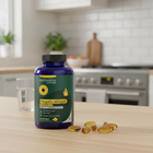 Eyevitamins OmegaEye Advanced supplement bottle on a kitchen counter with scattered capsules.