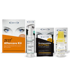 Eye care products including a ZEST Aftercare Kit, eyelid cleansing spray, biodegradable eyelid wipes, and eye drops on a white background.