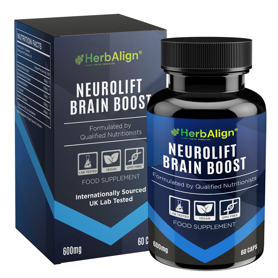 HerbAlign Neurolift Brain Boost food supplement bottle and box-ocular express