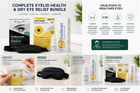 Eyelid and dry eye relief bundle set from Optase, featuring various skincare and treatment products including compresses, eye drops, a black eye mask, and a treatment bottle, presented with informational text and icons on a white background.