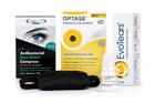 A product bundle containing EvoTears Antibacterial Stye Relief Compress, Optase Manuka Oil Eyelid Wipes, and EvoTears Preservative Free Eye Drops on a clean white background.