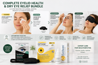 Promotional graphic for the Optase Complete Eyelid Health & Dry Eye Relief Bundle, featuring a 4-step routine with illustrations and photos of a woman's face, product bottles, boxes, and a compress on a white background with green and black text.