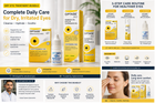 Optase dry eye treatment bundle featuring Optase Eye Gel, Optase Eye Drops, and Optase Eye Washes in a yellow and white packaging set, presented with informational text and lifestyle images of a man and woman.