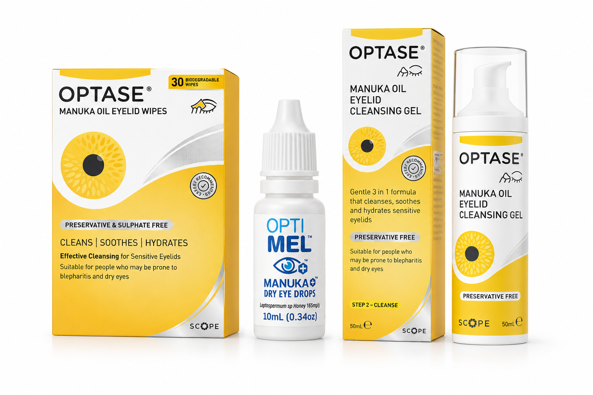 Optase Manuka Oil Eyelid Cleansing Gel and Manuka Oil Eyelid Wipes by SCOPE, shown with their yellow and white packaging boxes and a 10ml dropper bottle on a white background.