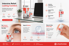 A promotional infographic for HYDOROS and URSAPHARM intensive relief dry eye drops, featuring product bottles, a close-up of a human eye, and text callouts on a white and red layout.