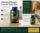 An informational marketing graphic for Eyetamins OmegaFly Advanced eye supplement. The layout features a dark green and white design with product bottles, capsules, and a lifestyle photo of a woman looking upward.