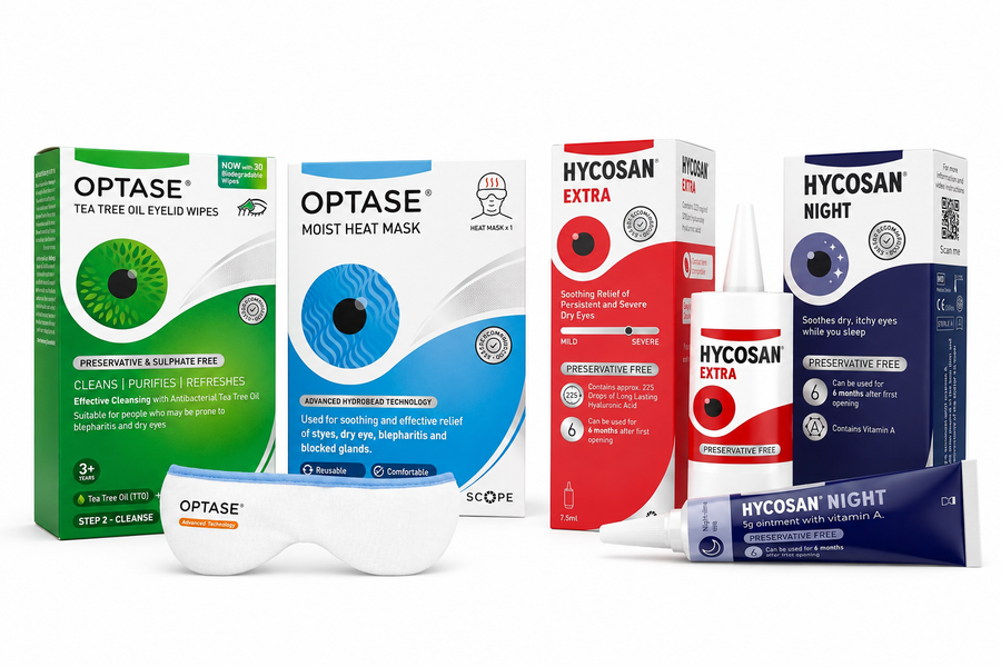 A group of eye care products including Optase tea tree oil eye drops, Optase moist heat masks, and Hycosan extra and night eye drops, shown with their retail packaging and a white eye mask on a plain white background.
