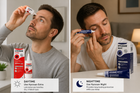 A split-screen lifestyle image showing a man applying Hycosan Extra and Hycosan Night eye drops. The left panel shows him using the Hycosan Extra tube in daylight, and the right panel shows him using the Hycosan Night tube in the evening.