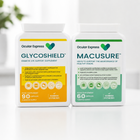 Two white supplement bottles from Ocular Express, Glycoshield and Macusure, standing side-by-side on a white surface with a soft reflection. The Glycoshield bottle has a yellow and white design, while the Macusure bottle has a green and white design.