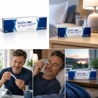 A collage showing Xailin Night eye drops packaging and lifestyle usage scenes. The top-left panel shows the blue and white product box on a white background.