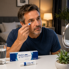 A man in a navy blue t-shirt applies eye cream from a tube to his inner eye corner, with a box and tube of Xailin Night eye cream on a white table in the foreground.