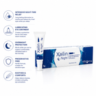 Xailin C Night eye ointment 5g tube and packaging box shown on a white background, with six feature callouts on the left describing night-time relief, lubricating eye ointment, overnight protection, preservative-free formula, and soothing comfort.