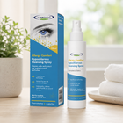 A bottle and box of Heyyo Doctors Allergy Comfort Hypochlorous Cleansing Spray displayed on a light wooden table with a blurred indoor background.