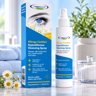 Eyedoctor Allergy Comfort Hypochlorous Cleansing Spray shown as a white spray bottle next to its blue and white retail box, set on a marble surface with a blurred bedroom background.