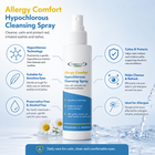 A bottle of Hypochlorous Cleansing Spray by EyeDoctor centered on a light blue background with marketing text and icons around it. The bottle is white with blue and yellow labeling and a white spray cap.