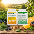 Two Ocular Express supplement bottles, Glycoshield and Macusure, displayed on a rustic wooden table surrounded by fresh blueberries, walnuts, basil, mint, and orange slices, with a blurred green garden background.