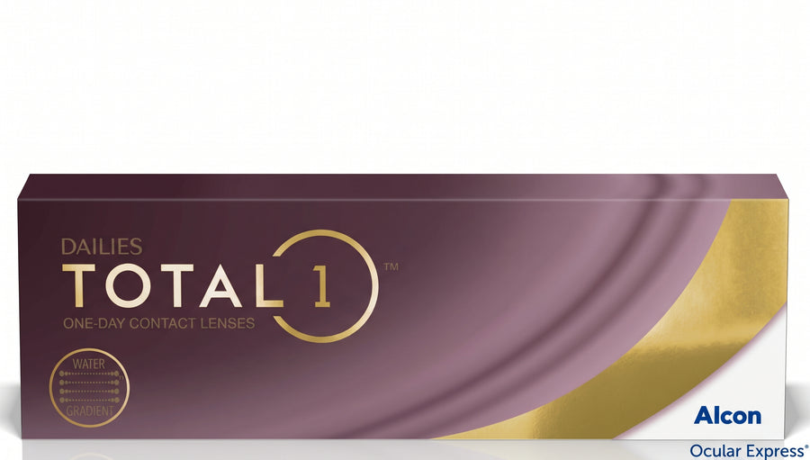 Alcon Dailies Total 1 One-Day Contact Lenses box packaging, featuring a deep plum purple color with gold lettering and a gold wave design on the right side, set against a plain white background.