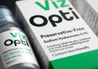 Viz Opti preservative-free screen eyes eye drops packaging, showing the white and green box and a 10ml dropper bottle close-up.