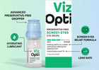 Viz Opti preservative-free screen eyes eye drops shown with the bottle and retail box on a light blue-to-white gradient background, surrounded by callout icons and text describing features like hydrating lubricant, preservative-free dropper, and screen eyes relief formula.