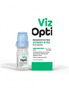 Viz Opti Preservative-Free Screen Eyes Eye Drops shown as a small clear bottle with a light blue cap next to its white and green product box on a white background.