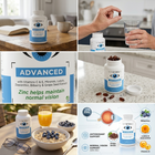 A six-panel collage showing a VitEYES 2 Advanced supplement bottle in a home and kitchen setting, with a hand holding a capsule, the bottle open with capsules visible, a close-up of the label, breakfast foods beside the bottle, and a supplement infographic.