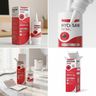 A four-panel collage showing Hycosan Extra eye drops and its retail packaging. The panels include a full product shot with the box and bottle, a close-up of the dropper dispensing liquid, a lifestyle scene on a bathroom counter with the product and manual, and a clean studio shot of the open box.