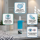 A digital eye drop bottle with a turquoise cap and white body, surrounded by five informational graphic callouts highlighting features like long-lasting hydration, precision dropper tip, contact lens compatibility, relief from screen strain, and soothing redness and irritation. The background is a softly blurred bathroom setting with a sink and towels.