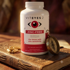 A white bottle of VITEYES 2 Zinc-Free supplements with a red and black label, styled on an antique book next to gold capsules and a vintage compass.