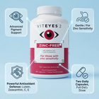 A white supplement bottle labeled VITEYES 2 Zinc-Free, shown on a light blue background with four callout boxes highlighting benefits: advanced pigment support, gentle for zinc sensitivity, powerful antioxidant defense, and two daily capsules.