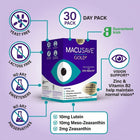 A product infographic for Macusave Gold 30 Day Pack eye health supplement on a light purple background. The central product box is purple and white with a large teal eye graphic.