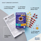 Vitastars Visionace MAX supplement set shown with its instruction leaflet, blister packs, and capsules on a light blue and gray background. The main product box is purple with yellow and white text, accompanied by yellow tablets and red capsules.