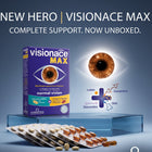Vitabiotics Visionace Max supplement packaging and blister packs displayed on a blue pedestal with an eye graphic and text reading 'NEW HERO | VISIONACE MAX' on a blue gradient background.