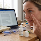 A woman applies a drop from a small white bottle to her eye while sitting at a wooden desk with an open laptop, reading glasses, and a box labeled TheAllo Duo in front of her.