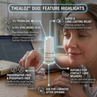 Thealoz Duo contact lens drops bottle shown with feature highlight callouts on a lifestyle background of a woman wearing glasses and looking at a laptop.