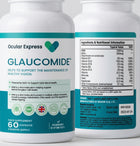 Two white bottles of Ocular Express Glaucomide dietary supplement, showing the front label and the back nutritional information panel.
