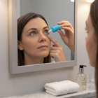A woman in a bathroom applies a blue and white eye drop from a dropper bottle while looking into a mirror. A hand soap bottle, folded white towel, and glass of water are visible on the counter below.