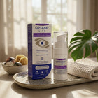 OPTASE LIFE Sensitive Eye Daily Renewal Cream shown with its retail box and pump bottle on a decorative tray, styled with a towel, bowl of bath items, and a green leaf in a softly lit bathroom setting.